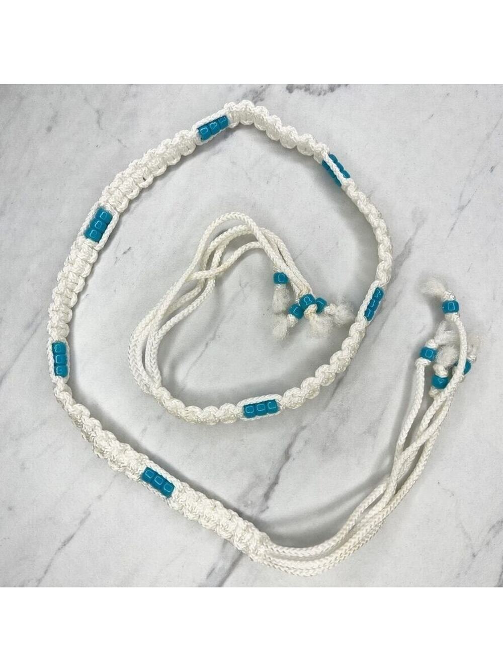 Vintage Handmade Macrame Blue Beaded Woven Tie Belt XS Small (S) ✨